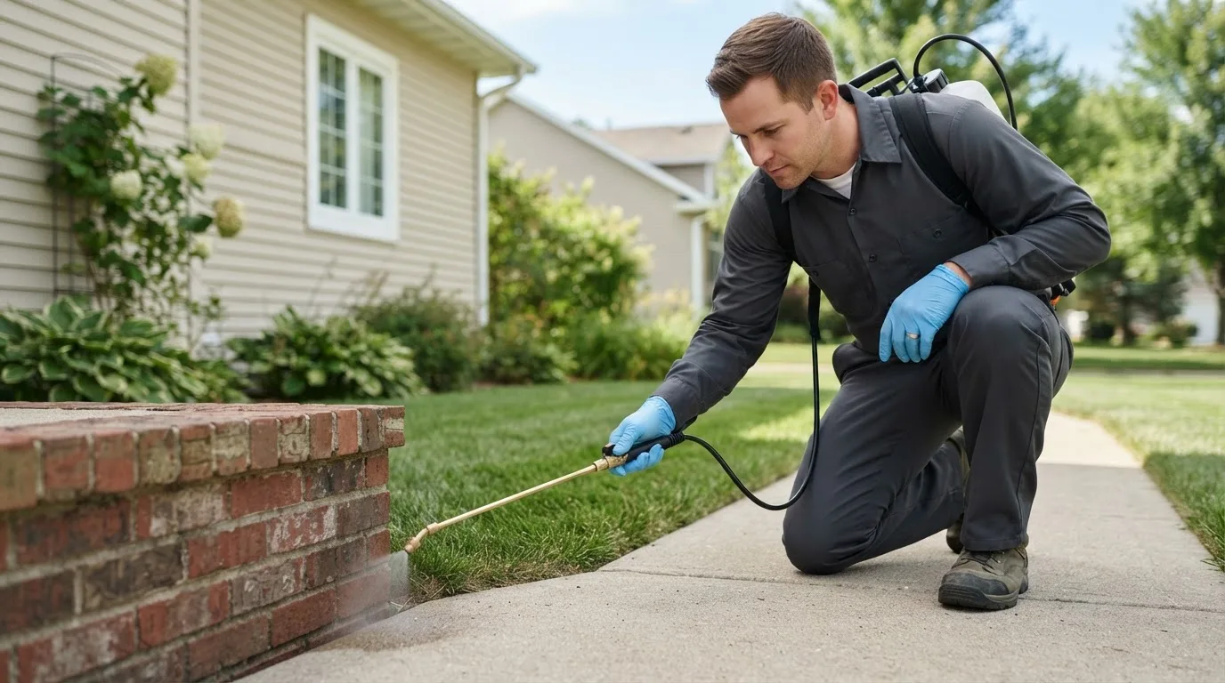 Pest control technician treating a home near Pixley, CA